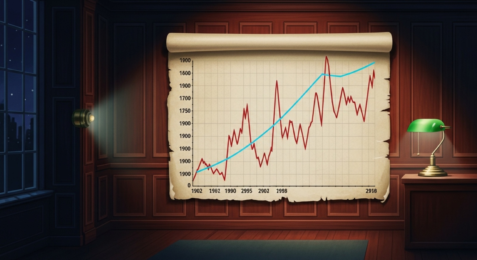 Editorial illustration of a long line chart of American economic data, lit by a single banker's lamp in a darkened wood-paneled study.