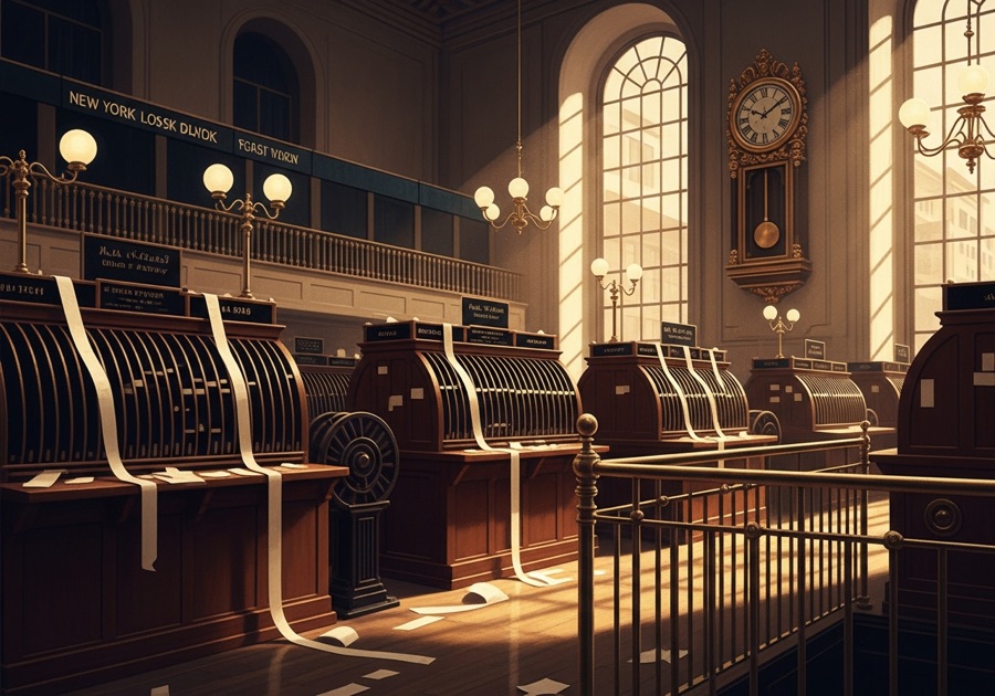 Painterly illustration of a 1896-era New York Stock Exchange trading floor with ticker machines and an ornate pendulum clock.