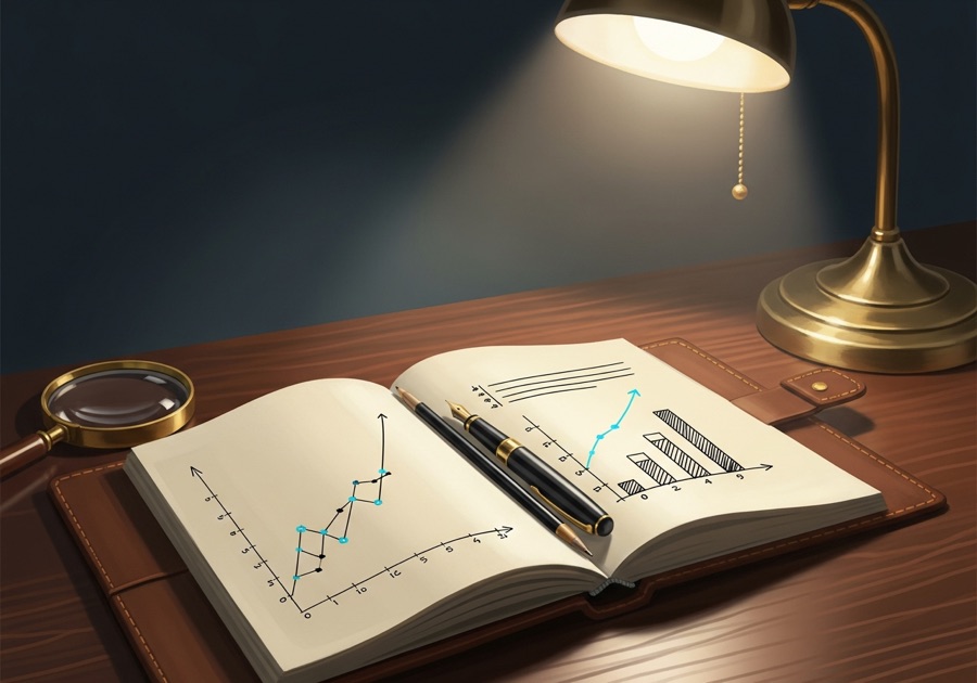 A leather notebook open to hand-drawn data charts, lit by a single brass desk lamp.